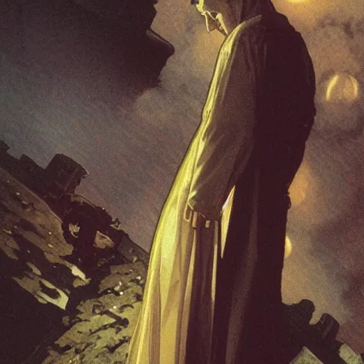 Prompt: A frightened young, thin and stern catholic priest in his thirties fervently praying as he is about to die from the ominous terrifying Lovecraftian yellow shadow descending upon him from the night sky. He is at the top of a medieval tower. Low angle, dramatic lighting. Art by Greg Rutkowski and Alphonse Mucha