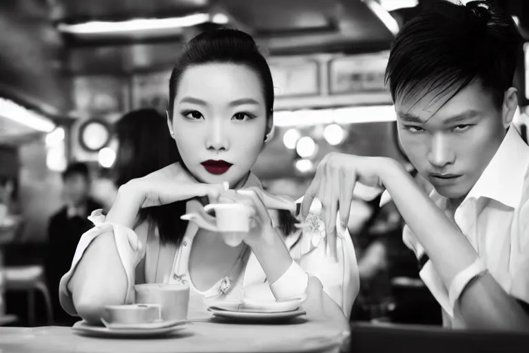 Image similar to movie interior closeup beautiful Chinese fashion model couple closeup sitting at 50s diner, night in the city, beautiful skin, by Emmanuel Lubezki