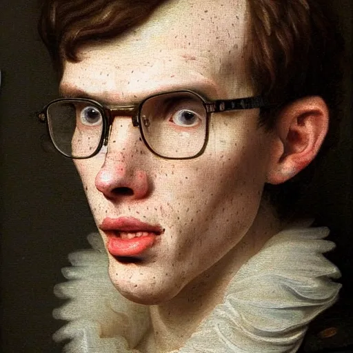 Prompt: A 17th century Baroque Painting of iDubbbz, grainy, realistic, hyperrealistic, very realistic, very very realistic, highly detailed, very detailed, extremely detailed, detailed, digital art, trending on artstation, detailed face, very detailed face, very detailed face, realism, HD Quality, 8k resolution, intricate details, body and head in frame, painting, oil painting, trending on deviantart, Baroque Painting