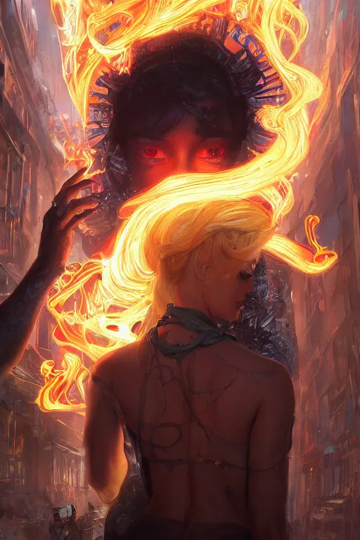 Image similar to in the foreground a blonde woman from behind with flames in her hands coming out of her hands in the background paris in cyberpunk, intricate, highly detailed, digital painting, artstation, concept art, matte, sharp focus, illustration, art by artgerm and greg rutkowski and alphonse mucha