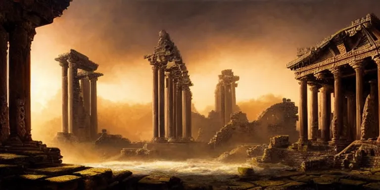 Prompt: beautiful hyperrealistic spectacular painting of the mysterious intricate ruins of the mysterious ancient temple, an advanced technology timemachine with a green - glowing - crystal from the future is inside the temple, by hubert robert and lee madwick and bastien lecouffe - deharme, dramatic sunset lighting, advanced technology