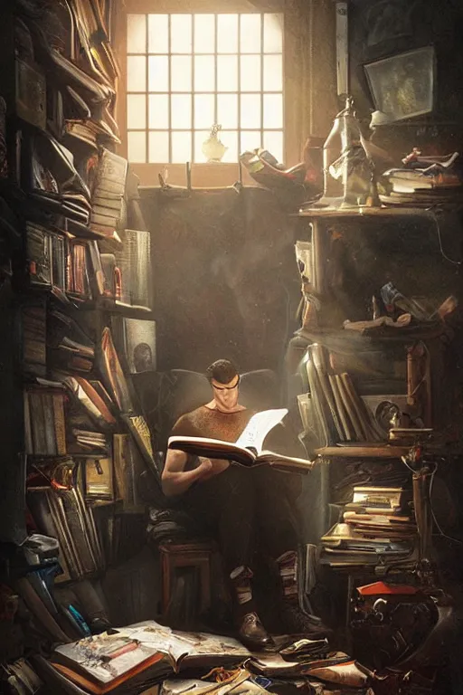 Image similar to a dramatic lighting photo of a guy reading a book in a cluttered messy 9 0 s bedroom, artgerm, tom bagshaw, gerald brom,