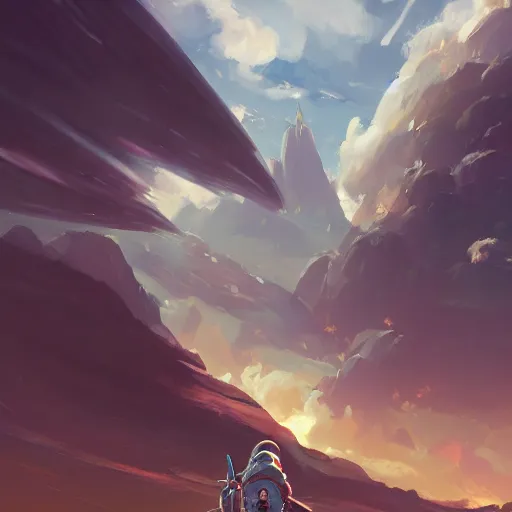 Image similar to a spaceship crashed into a foreign planet, wasteland. The spaceship is buried in the ground. beautiful white clouds. in the style of digital art, artstation trending, rossdraws, breath of the wild
