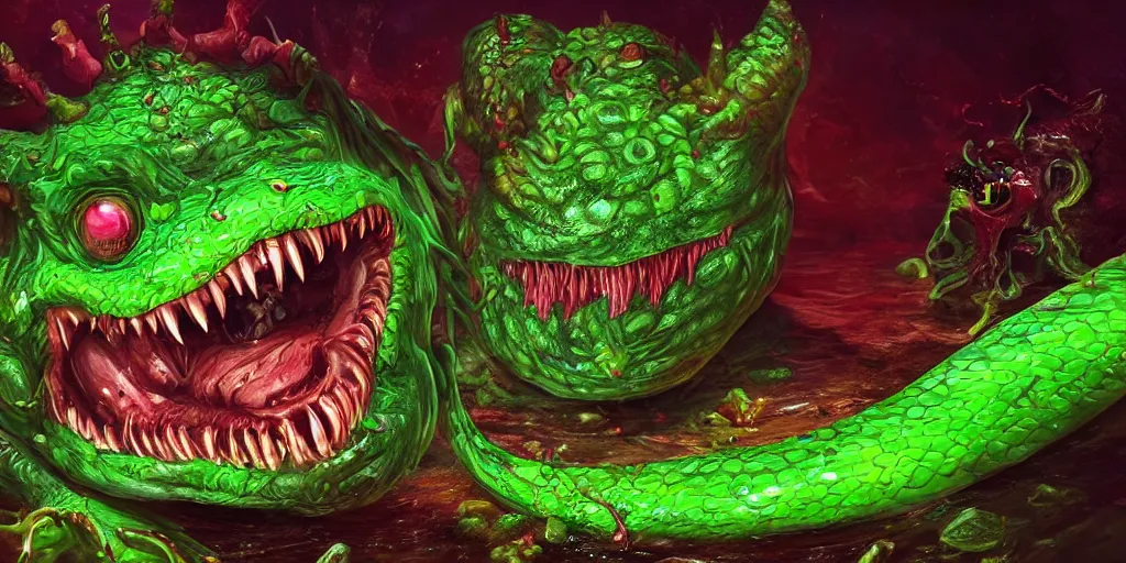 Image similar to a large slimy monster a with very long slimy tongue, dripping saliva, macro photo, fangs, red glowing skin, green skin with scales, cinematic colors, tiny glowbugs everywhere, standing in shallow water, insanely detailed, dramatic lighting
