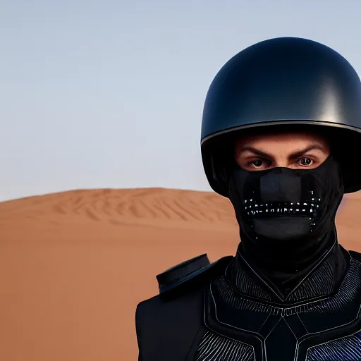 Prompt: medium face shot of adult Austin Butler dressed in futuristic-tudoresque black-prussian blue garb with embroidered-Ram-emblem, and nanocarbon-vest, in an arena in Dune 2021, XF IQ4, f/1.4, ISO 200, 1/160s, 8K, face in-frame