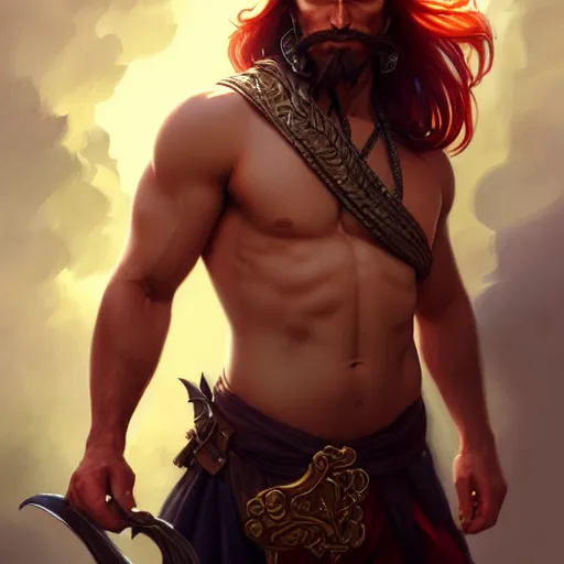 Image similar to full body shot of male pirate, D&D, handsome, amber eyes, muscular, fantasy, intricate, long hair, red hair, elegant, highly detailed, digital painting, artstation, concept art, smooth, sharp focus, illustration, art by artgerm and greg rutkowski and alphonse mucha