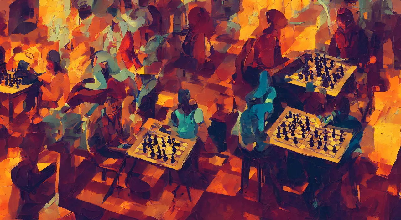 Image similar to a graph style gauche impasto, oil paint, people playing chess, steampunk art by james gilleard, cgsociety, retrofuturism, synthwave, retrowave, outrun, autumn color.