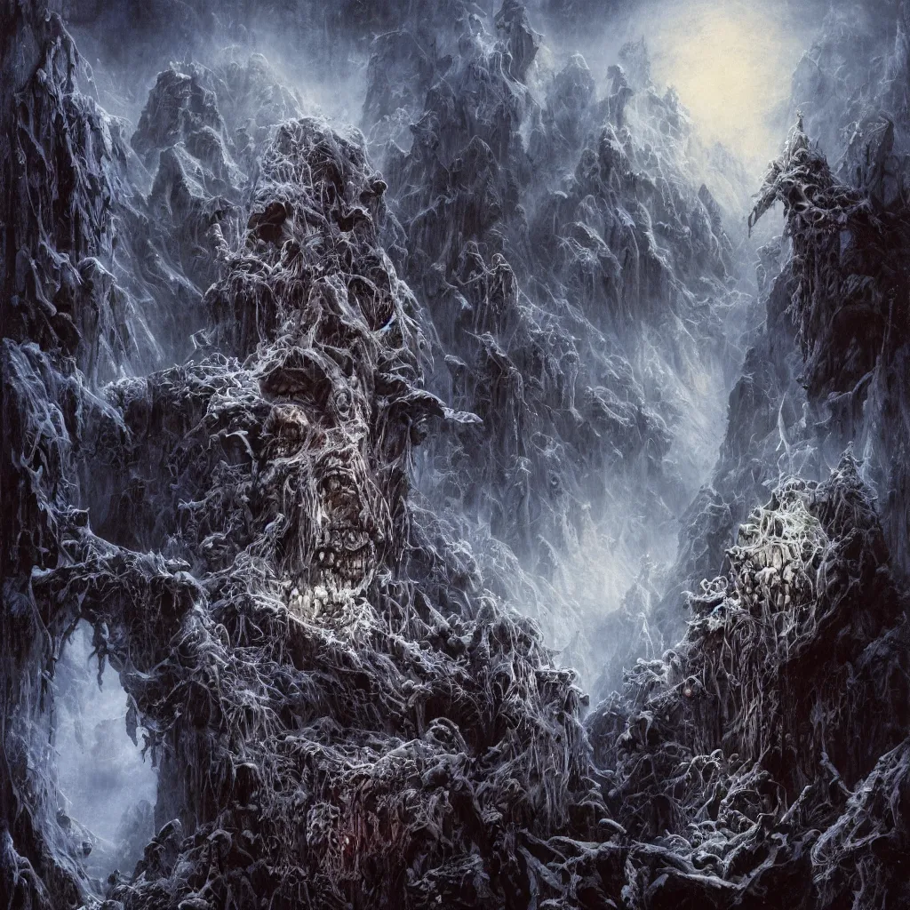 Image similar to haunted mountains of madness at night, upward cinematic angle, by rodney matthews, michael kaluta and bill sienkiewicz, ghostly darkness, thick lush winter atmosphere, stunning composition, screaming skull faces, intricate, dark eerie night color scheme, elegant, digital art, hyperdetailed, colorful hyperrealism, brilliant photorealism, horror, masterpiece, 4k