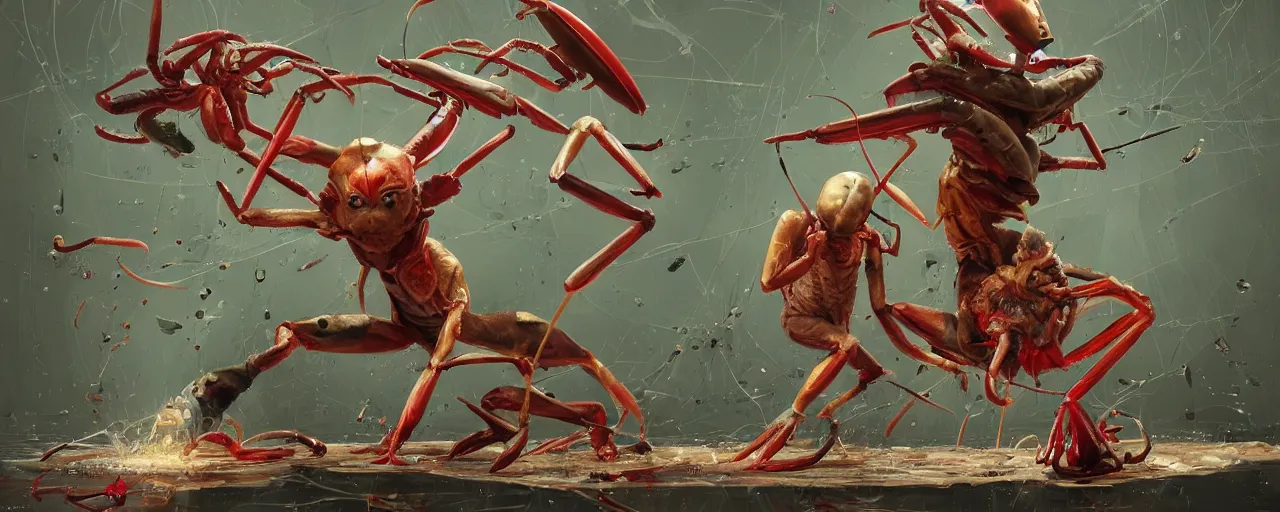 Image similar to duotone olive green crab crimson illustration 3 / 4 portrait of gollum kun fu fighting with giant shrimps dynamic chaotic composition accidental renaissance golden ratio. by sachin teng and sergey kolesov and ruan jia and heng z. graffiti art, scifi, fantasy, hyper detailed. octane render. concept art. trending on artstation