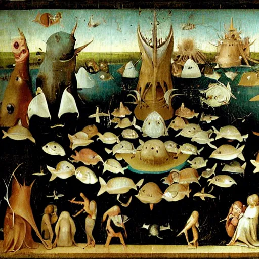 Prompt: a deep lake filled with fish people, dolphins, flippers hybrid half man half fish, flying and eating frogs, by hieronymus bosch