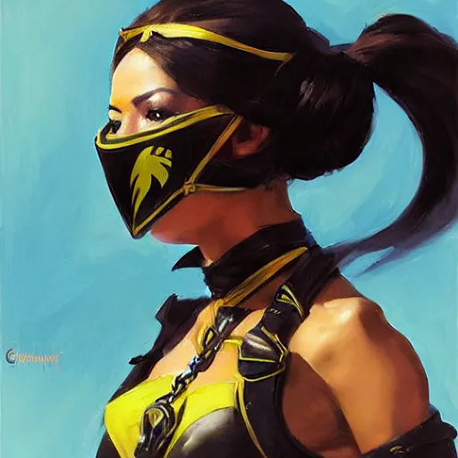 Prompt: greg manchess portrait painting of mileena from mortal kombat wearing a mask covering her mouth as overwatch character, medium shot, asymmetrical, profile picture, organic painting, sunny day, matte painting, bold shapes, hard edges, street art, trending on artstation, by huang guangjian and gil elvgren and sachin teng