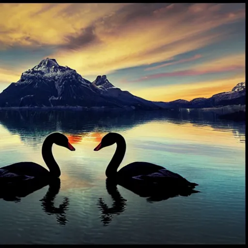 Image similar to photo of two black swans touching heads in a beautiful reflective mountain lake, a colorful hot air balloon is flying above the swans, hot air balloon, intricate, 8k highly professionally detailed, HDR, CGsociety