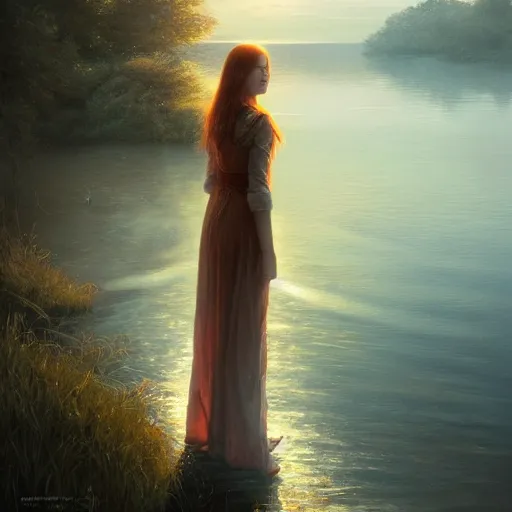 Image similar to beautiful young woman by the lake, sunset, high detail, dramatic light, digital art, painted by seb mckinnon and greg rutkowski, trending on artstation