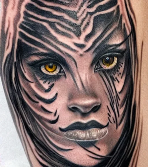 Image similar to tattoo design of a beautiful girl warrior under a tiger head, hyper realistic, realism tattoo, by eliot kohek, beautiful eyes, realistic face, black and white, white background