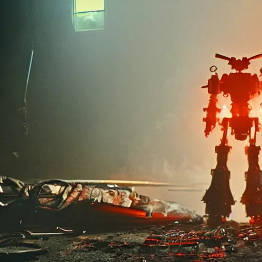 Image similar to mecha made from kitchen utensils, dark messy smoke - filled cluttered workshop, dark, dramatic lighting, orange tint, cinematic, highly detailed, sci - fi, futuristic, movie still from blade runner