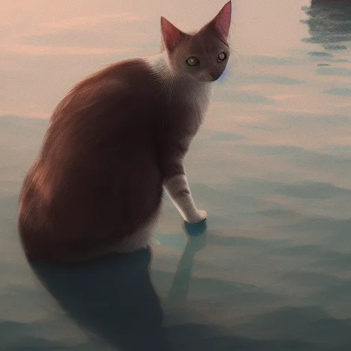 Prompt: cat at a lake staring at fish in clear water at night, hyperdetailed, artstation, cgsociety, 8k