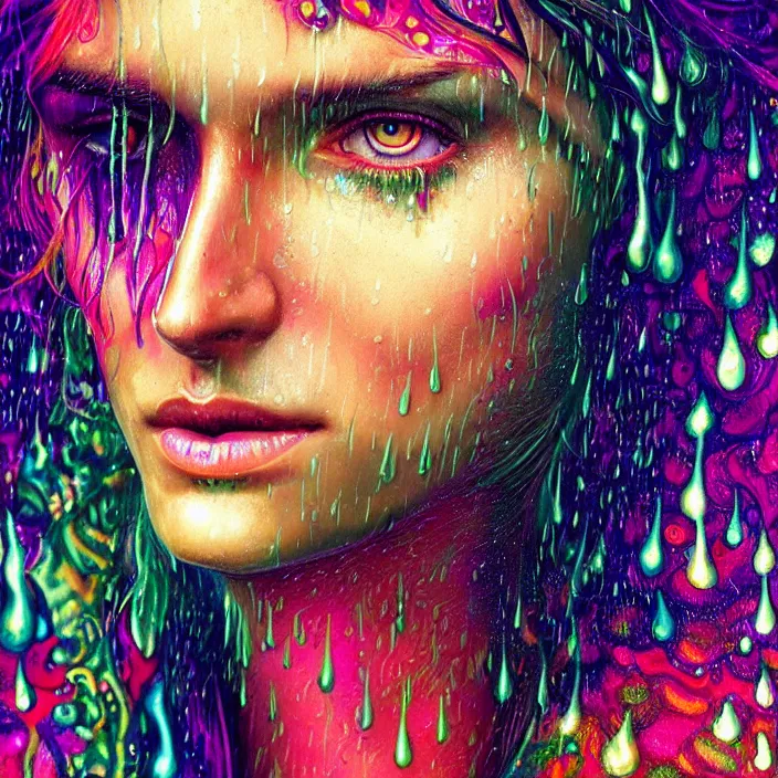 Image similar to bright psychedelic portrait with rain on face and wet hair, wings, smiling, diffuse lighting, fantasy, intricate, elegant, highly detailed, lifelike, photorealistic, digital painting, artstation, illustration, concept art, smooth, sharp focus, art by John Collier and Albert Aublet and Krenz Cushart and Artem Demura and Alphonse Mucha