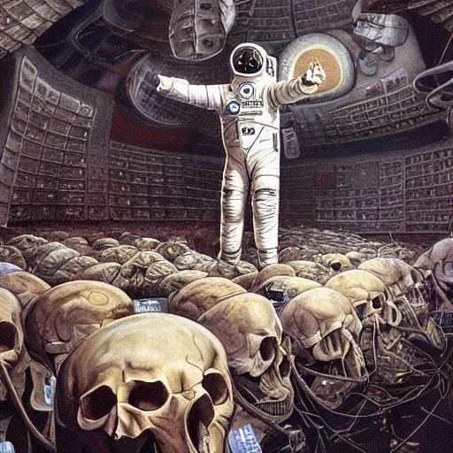 Prompt: An astronaut alone inside a dark ballroom filled with piles of human skulls by Jim Burns