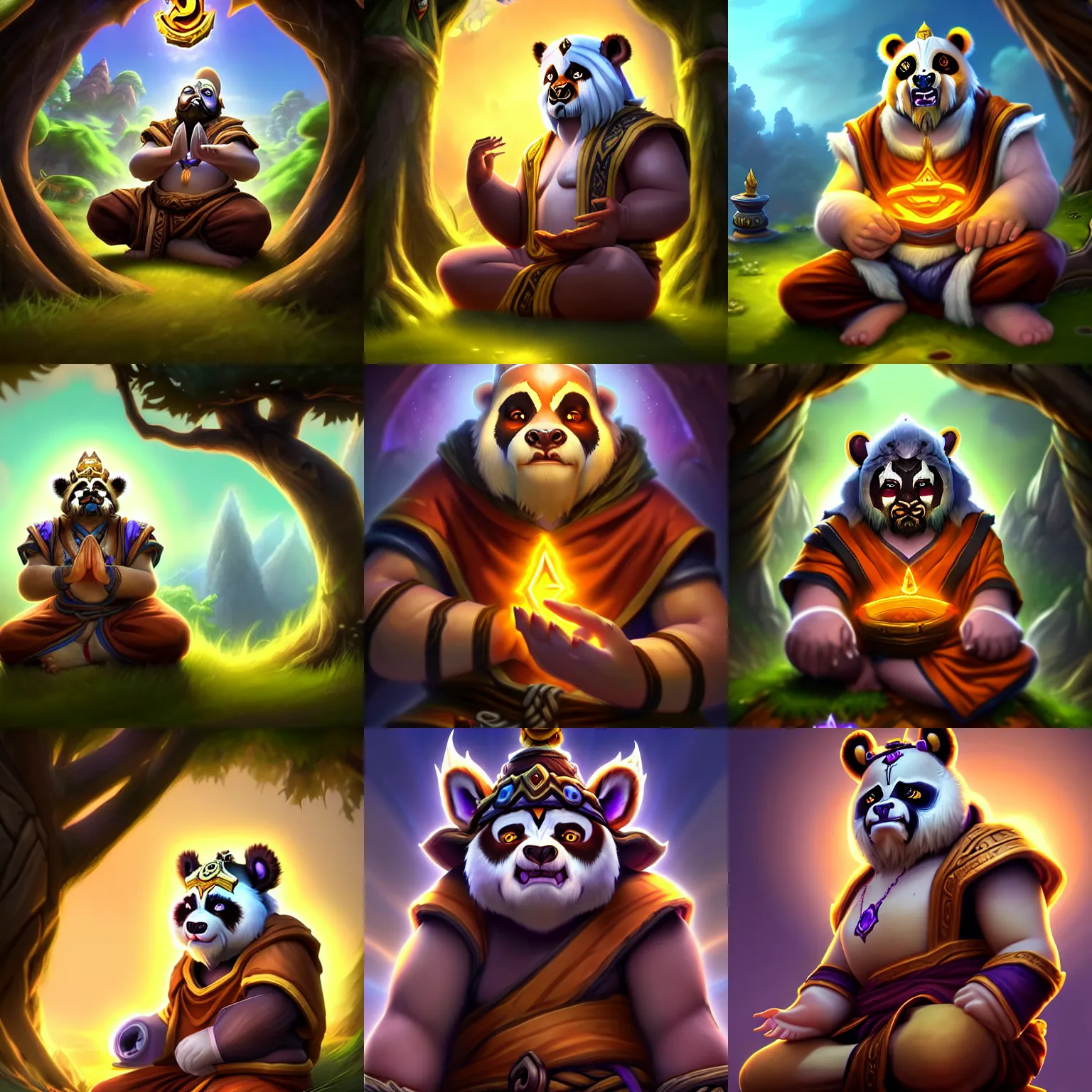 Prompt: Hearthstone official professional art, with realistic beautiful face & eyes. A pandaren monk meditating under a tree. Insanely coherent and well drawned physical body parts (face, arms, legs, hair, eyes). Full body, sharp focus, 8k high definition, insanely detailed, intricate, elegant, smooth, sharp focus, illustration, ArtStation