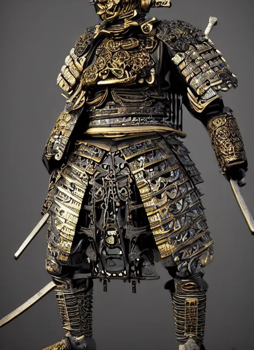 Image similar to hyper realistic glorious ancient samurai in a obsidian metal armor, futuristic design, designed by makoto kobayashi and luca zampriolo, portrait, cyberpunk style, wood and gold details, intricate, extremely detailed, ornate, deep of field, hard surface, exoskeleton, substance designer metal unreal engine. amazing likeness. very detailed.