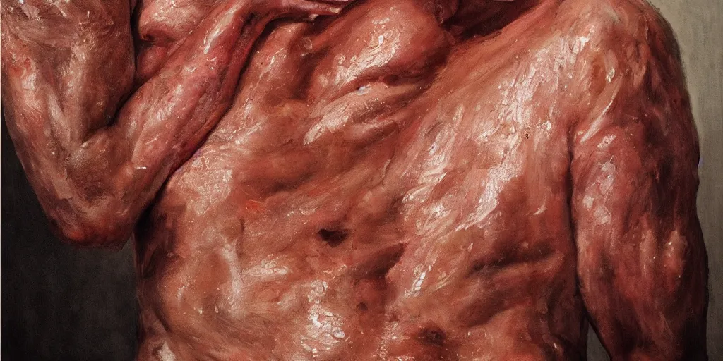 Prompt: details of flesh and skin, body hair, painitng, meat, pores and wrinkles and muscle tissues, oil on canvas, 4k, 8K, photorealistic, soft light, cinematic lighting, sharp, contrasting, illusion