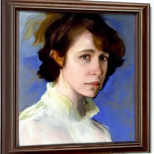 Prompt: a portrait of a mix between asa Butterfield and pam beesly by John singer Sargent