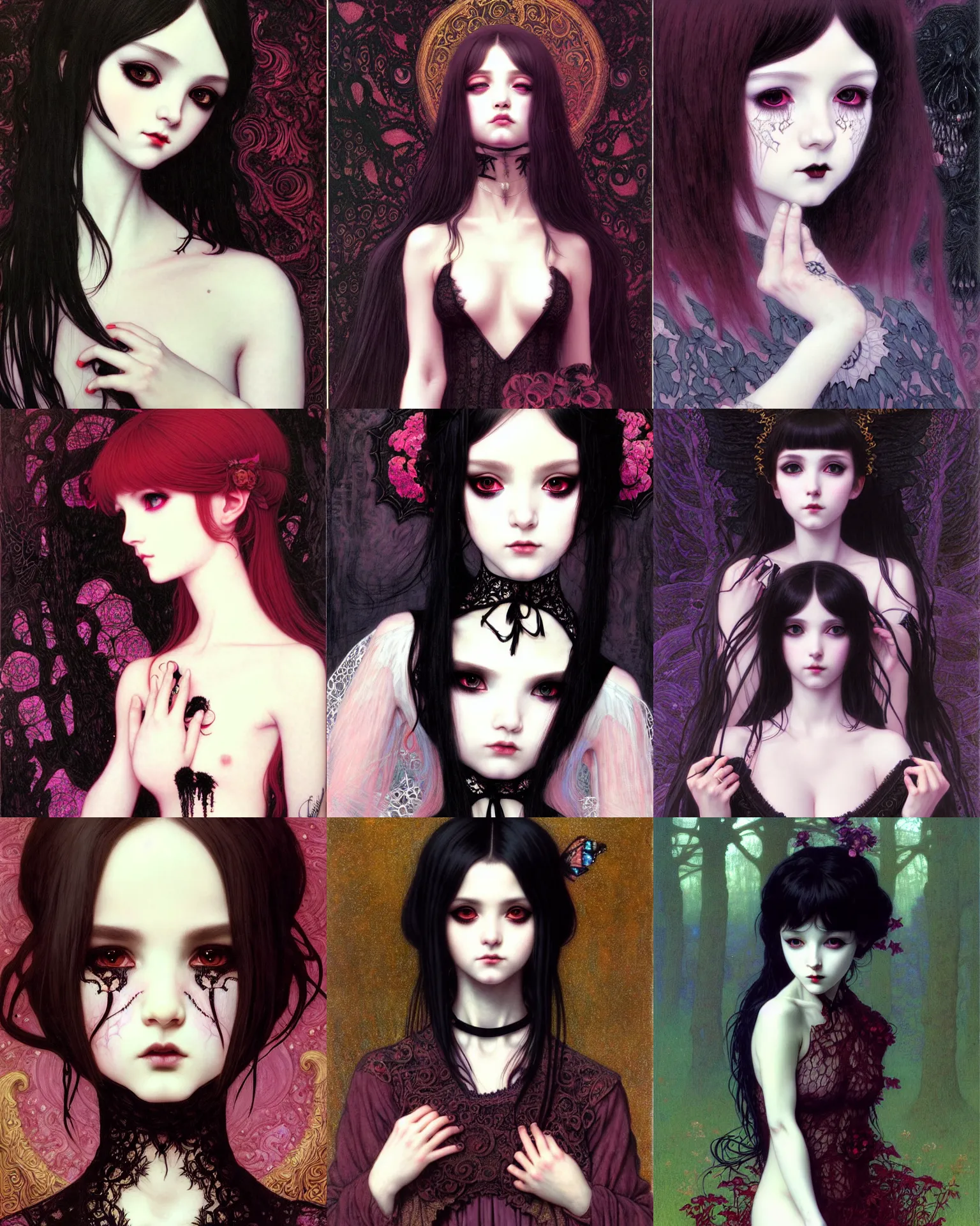 Prompt: portrait of beautiful goth!! cute demonic!! girl in lace, high details, art by ( ( ( kuvshinov ilya ) ) ) and wayne barlowe and gustav klimt and artgerm and wlop and william - adolphe bouguereau