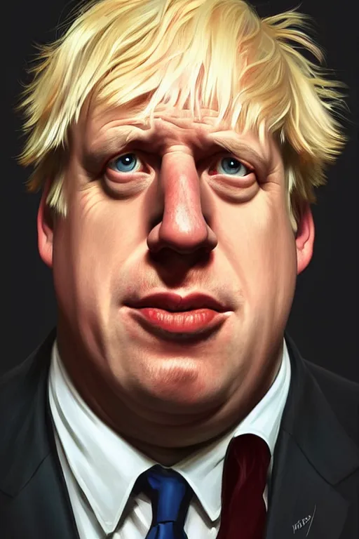 Image similar to Boris Johnson as a Simpsons character, realistic portrait, symmetrical, highly detailed, digital painting, artstation, concept art, smooth, sharp focus, illustration, cinematic lighting, art by artgerm and greg rutkowski and alphonse mucha