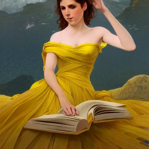 Image similar to anna kendrick wearing a yellow dress and reading a book, masterpiece, intricate, elegant, highly detailed, digital painting, artstation, concept art, smooth, sharp focus, illustration, art by artgerm and greg rutkowski and alphonse mucha and uang guangjian and gil elvgren and sachin teng, symmetry!!