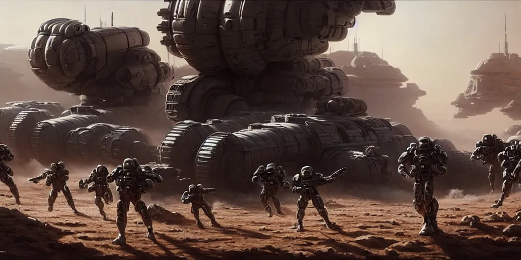 Prompt: hyper realistic sci - fi matte concept art painting of epic cinematic battle between mechwarriors and soldiers fighting on mars, guns, missiles, explosions, beautiful details, strong composition painted by kim jung guweta studio rutkowski, james gurney and greg rutkowski, and lucasfilm, smooth, intricate, detailed, sharp focus, cinematic