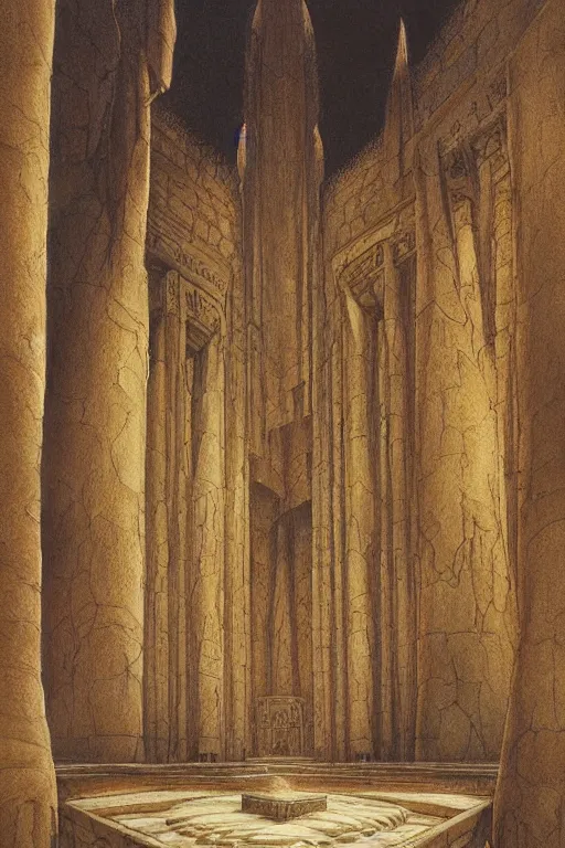 Image similar to Artwork by John Howe of the cinematic view of the Temple of Infernal Writings, Infernal Writing