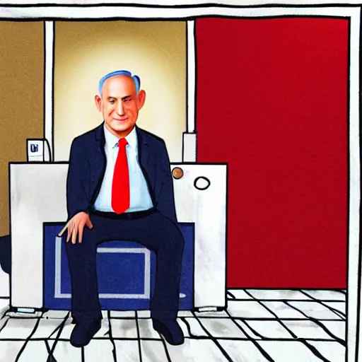 Prompt: benjamin netanyahu sitting in a toilet, photorealistic, studio