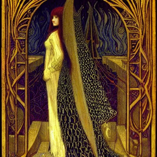 Image similar to a beautiful young medieval queen by jean delville, art nouveau, symbolist, visionary, gothic