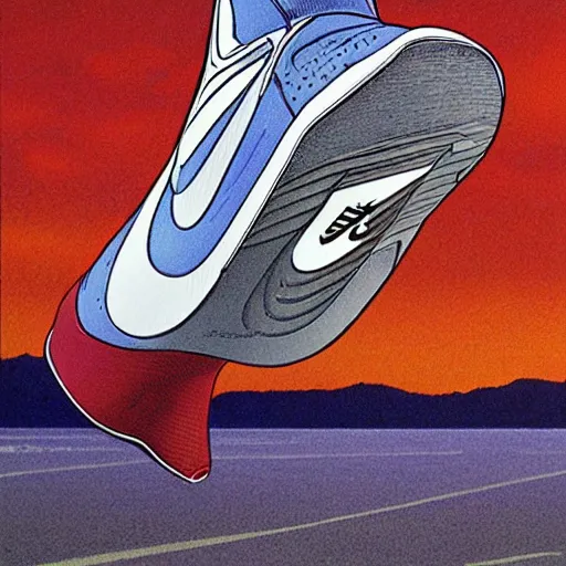 Image similar to A Nike sneaker flying ship by Moebius