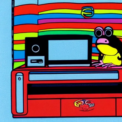 Prompt: a multicolored toad looking at a 1980s computer