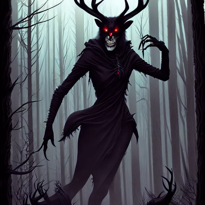 Image similar to style artgerm, joshua middleton, steve niles, gerald brom, scary wendigo with antlers and skull face mixed with werewolf, beautiful witch wearing a black dress on the right side, in the forest, detailed, dark and foggy, cinematic lighting