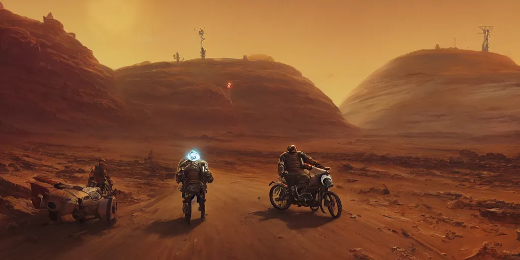 Prompt: american astronaut driving a motorcycle in mars, tribe members chasing, action scene, an epic fantasy, dramatic lighting, cinematic, establishing shot, extremely high detail, photorealistic, cinematic lighting, artstation, by simon stalenhag, horizon forbidden west