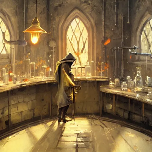 Prompt: medieval fantasy alchemist wearing a hood working in laboratory, oil painting, by Greg Rutkowski