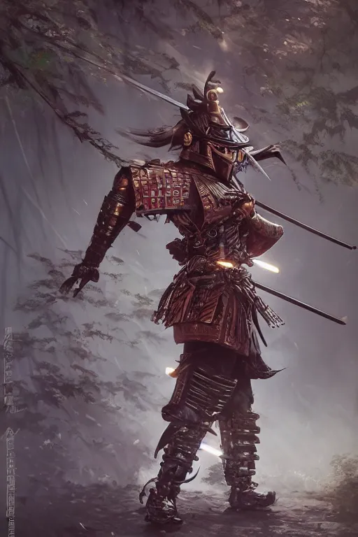 Image similar to an epic samurai in full armor in a mysterious japanese bamboo forest with light shafts, by jesper ejsing and maciej kuciara, ultra realistic, concept art, intricate details, highly detailed, photorealistic, octane render, 8 k, unreal engine