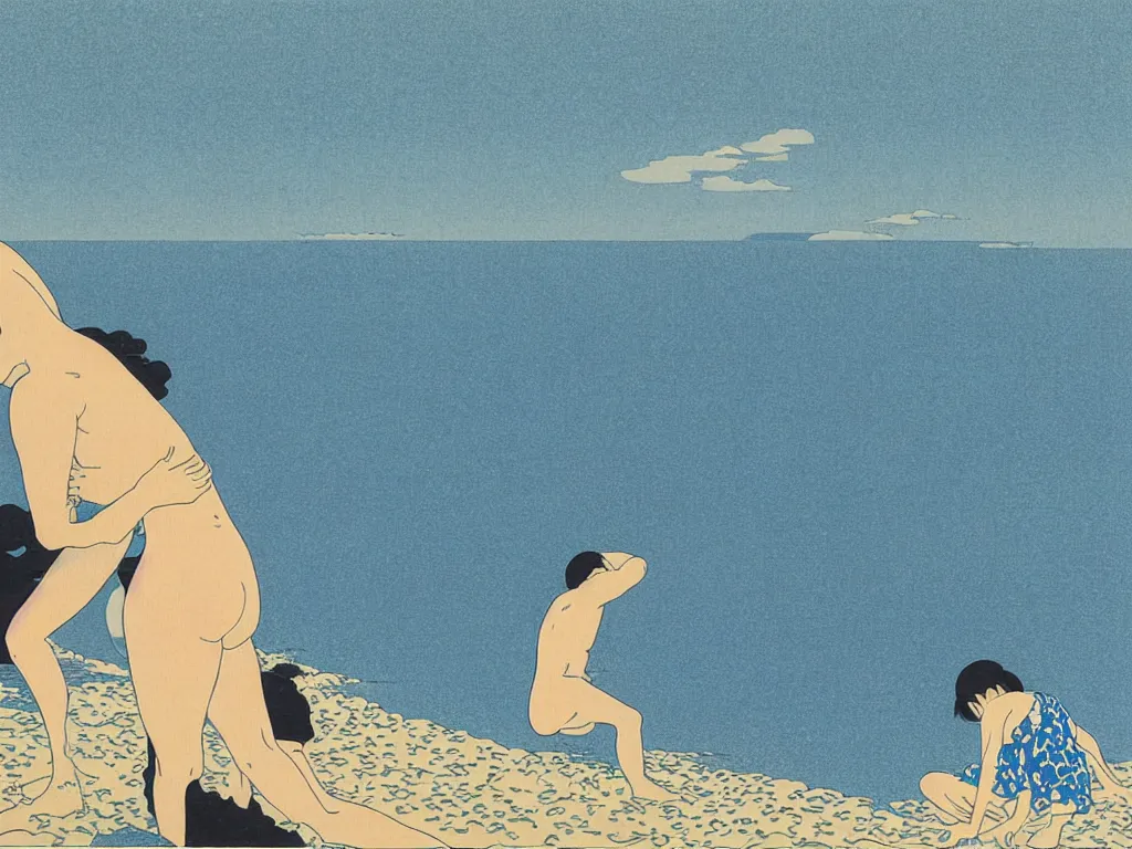 Image similar to Crying uncontrollably by the beach, flat design, screen print by Kawase Hasui, jeffrey smith and Yves Klein