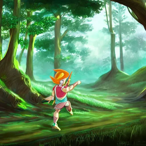 Prompt: link is running to save princess zelda, in forest background, lois van baarle