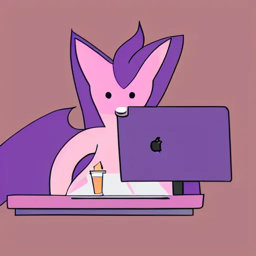 Image similar to A light pink fox with purple hair sits at a desk typing on a laptop with a cup of coffee, digital furry art, furry fandom