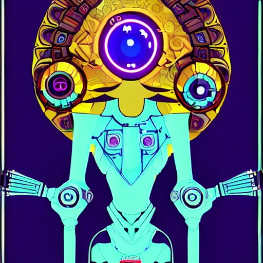 Image similar to portrait of a future metaverse cyborg tech shaman warrior, 2D cartoon, flat cartoony, visionary art, symmetric, Magick symbols, holy halo, shipibo patterns, sci-fi, adventure time character style