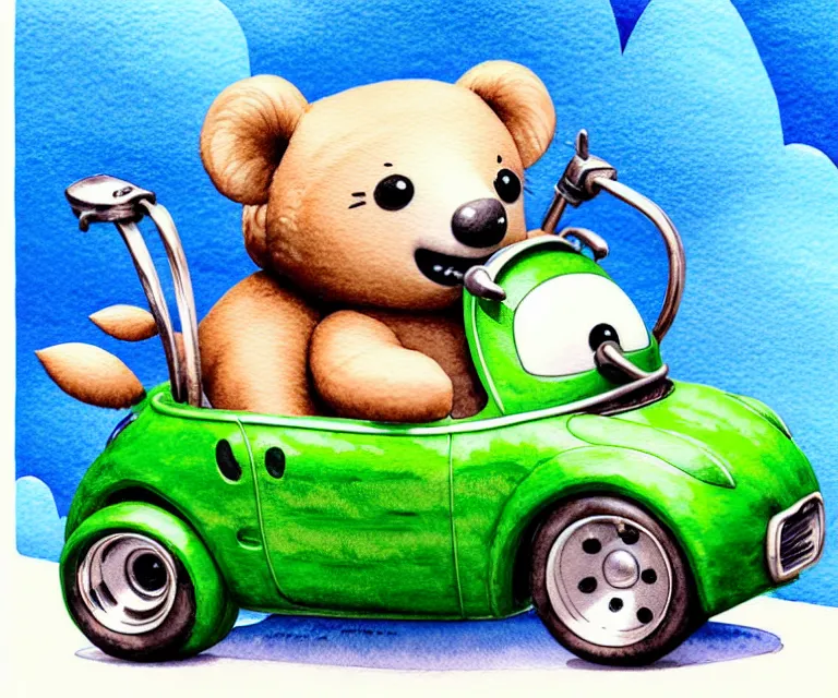 Prompt: cute and funny, koalabear wearing a helmet riding in a tiny hot rod with an oversized engine, ratfink style by ed roth, centered award winning watercolor pen illustration, isometric illustration by chihiro iwasaki, edited by range murata, tiny details by artgerm and watercolor girl, symmetrically isometrically centered, sharply focused
