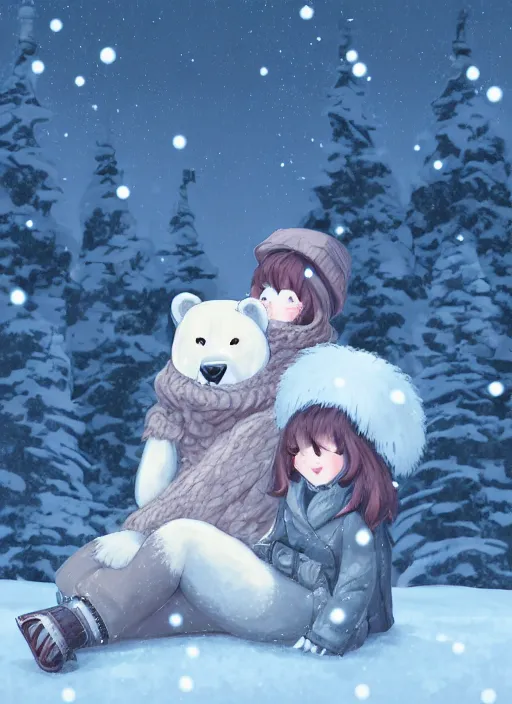 Image similar to character portrait of a female anthro polar bear fursona and a cute beautiful attractive detailed furry face wearing stylish cute winter clothes in a cozy winter cabin at dusk by firelight. hidari, color page, tankoban, 4K, tone mapping, Akihiko Yoshida.