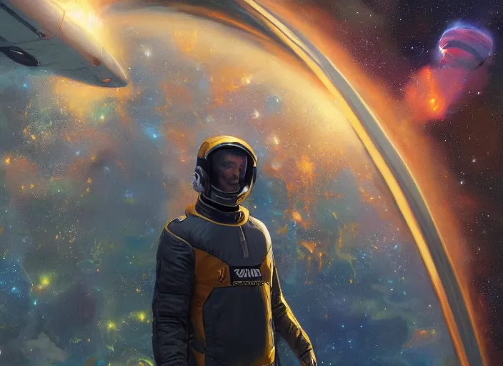 Prompt: beautiful matte painting of joel kinnaman wearing a pace suit from team newrocket floating in the cosmic galaxy, by thomas kinkade and greg rutkowski and ilya kuvshinov, masterpiece illustration, ultrarealistic