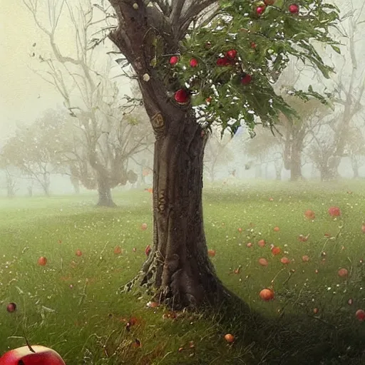 Image similar to a tree with many !black apples (((leaves))) !!!!!!!black!!!!!! apples, !blackapples!, painted by rossdraws, greg rutkowski, thomas kindkade