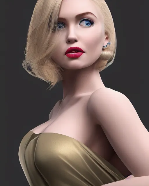 Image similar to side closeup of beautiful cute blonde - haired blue - eyed female wearing elegant silk dress and high - heels, lipstick, award winning full - length photography, extremely detailed, artstation, 8 k, sensual lighting, incredible art, wlop, pixar, disney, artgerm, backlit, rim lighting, hi - fructose