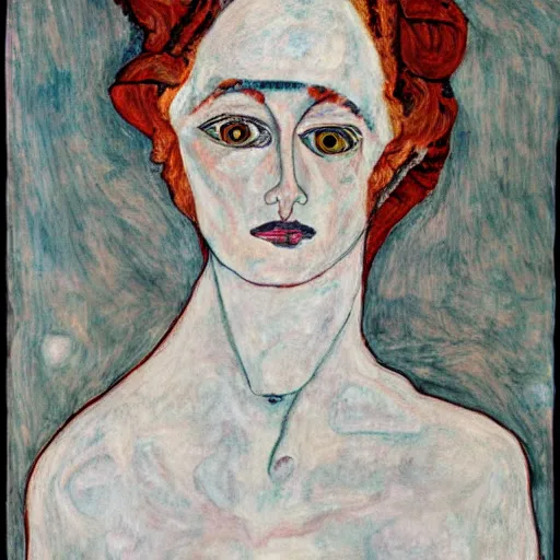 Prompt: portrait of a beautiful woman with an updo of blonde hair and ghostly eyes painted in the style of Egon Schiele, german expressionism, ethereal, fairy, crying --width 480 --height 640 -n9
