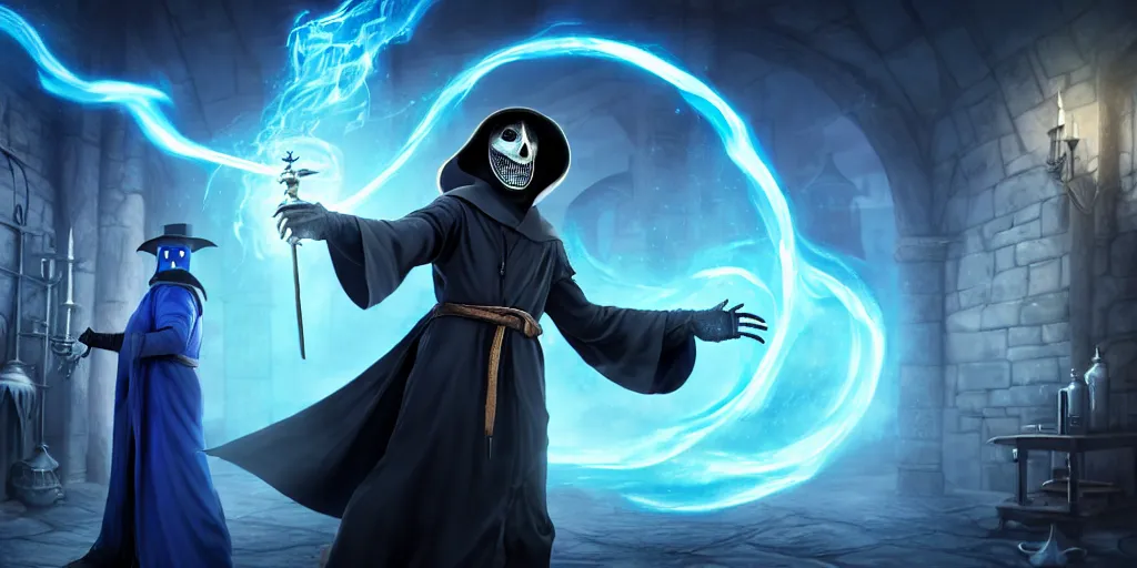 Image similar to action packed scene of a handsome plague doctor in a blue wizard robe who is a male sorcerer he is casting a spell that is emanating from his hands he is in a alchemist lab, action pose, medium shot, waist up, digital art, photoreal, 4 k, unreal engine 5, anime, d & d design, gta cover art